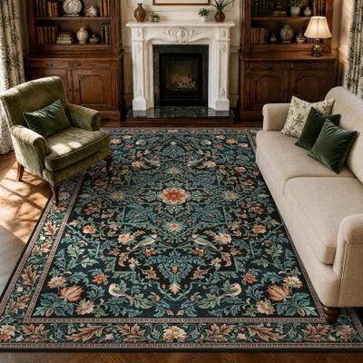 BLUEBELL Vintage Morris Floral Bird Area Rug, Machine Washable Non Slip Low Pile Rug, Stain Resistant Foldable Indoor Carpet