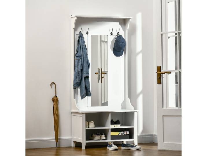 HOMCOM Porte-Manteau Banc Chaussures Miroir Bois Blanc