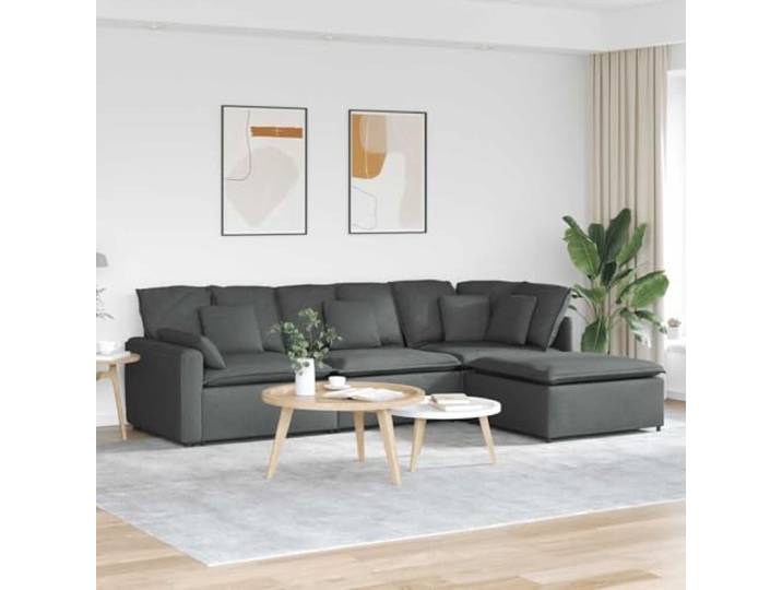 HKQWPBF Modulares Sofa mit Fußhocker Kissen Stoff Dunkelgrau 4 Teile Stoffpolsterung, Schaumstofffüllung, Metallrahmen, Holzarmlehnen, Textilene-Sitzflächen, flexibel konfigurierbar