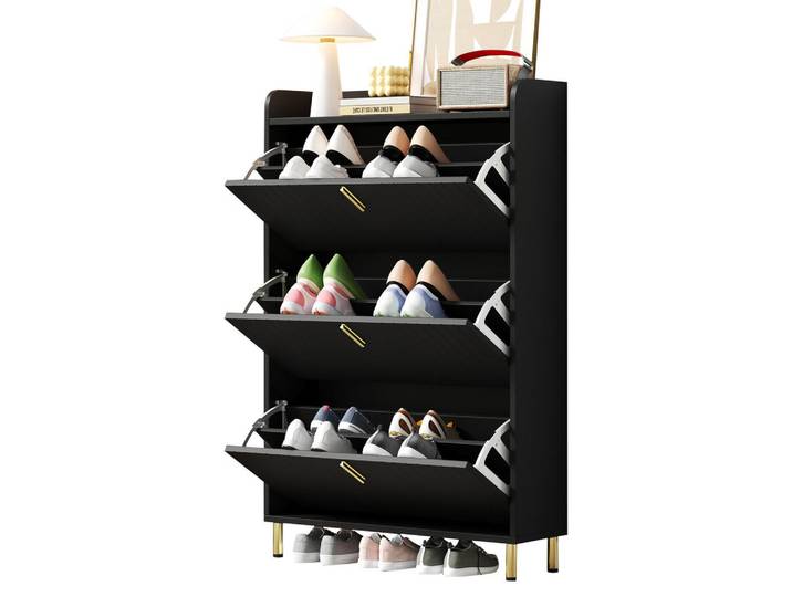 Flieks Schuhschrank Schwarz 3 Klappen 6 Fächer 80x23.5x123.5cm schmal, 80x123.5x23.5 cm, Garderobe, Schuhaufbewahrung, Schuhkipper