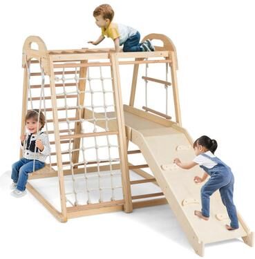 Costway 8-in-1 Jungle Gym Wooden Montessori Climber Playset with Slide and Monkey Bar for Kids 3-5 Years Old-Natural