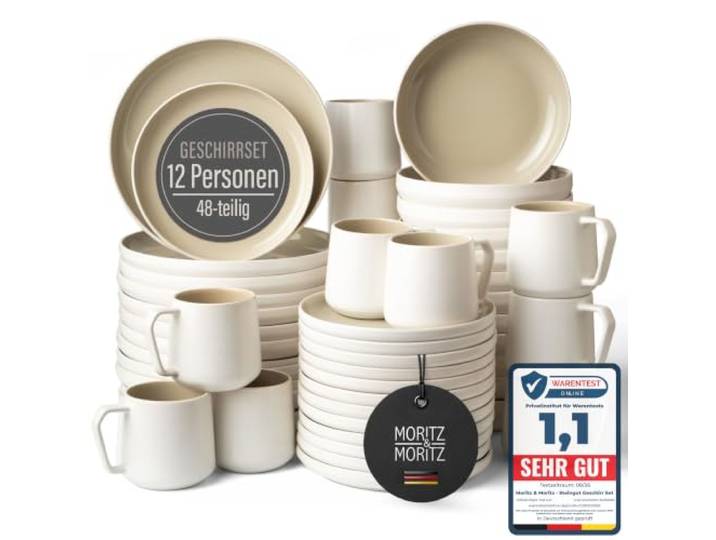 Moritz & Moritz Steingut Geschirrset 12 Personen mit Tassen 48-tlg. - Modernes Tafelservice in der Farbe Sand - Kombiservice mit Teller Set, Schüsseln & Tassen - Kaffeeservice - Serie Cavo