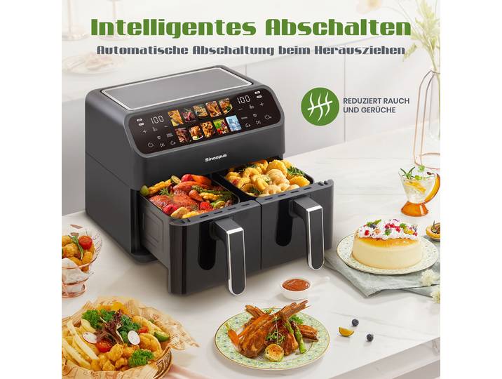 Friteuses à air chaud 9L à double panier, four sans huile avec commande tactile LED, fenêtre visible, machine familiale intelligente à air chaud