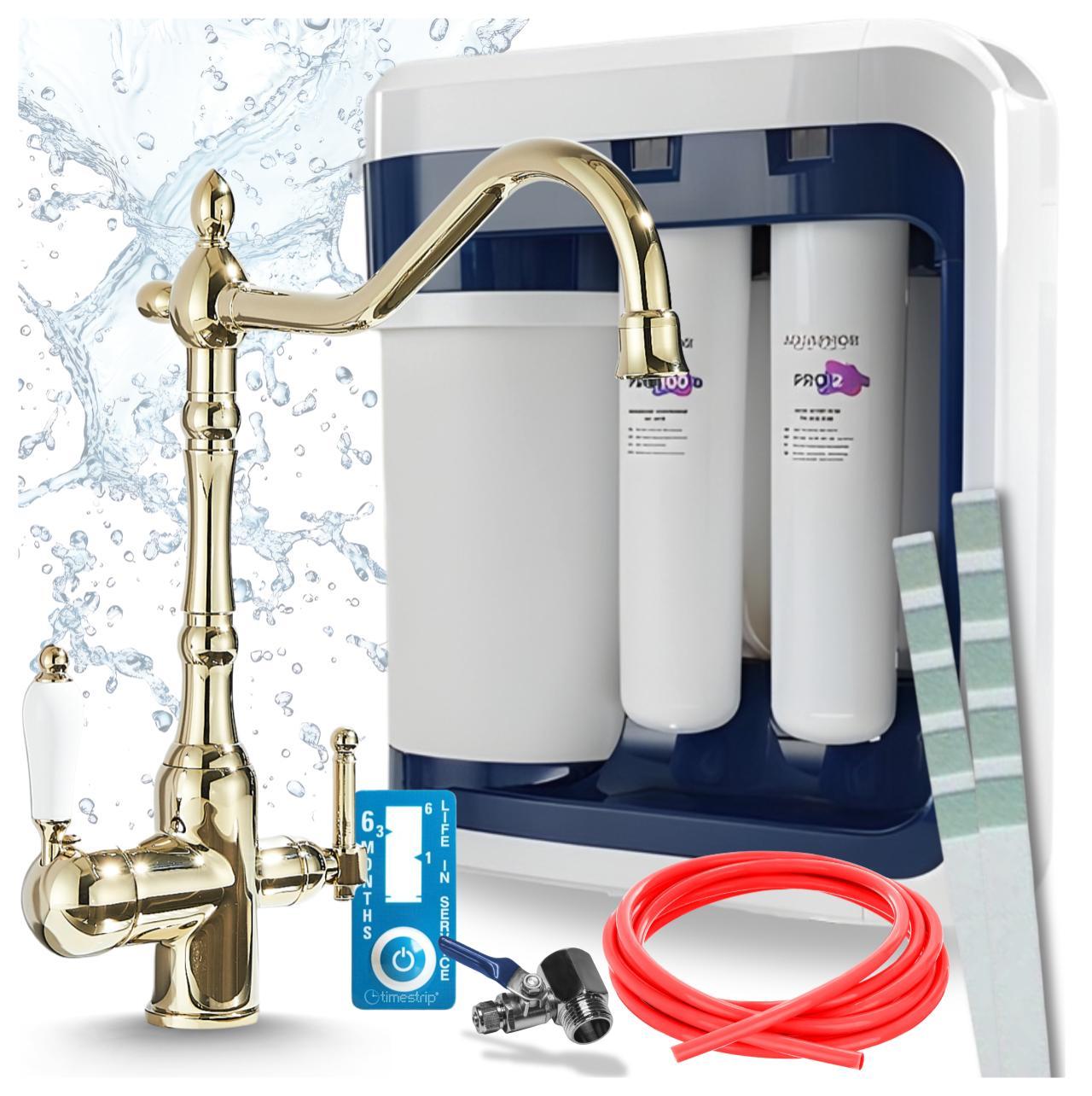 Ari 3-Wege-Küchenarmatur Retro 2, Chrom, Spültischarmatur Im Set Mit Aquaphor Ro-202S Pro Wasserfiltersystem, Untertischanlage