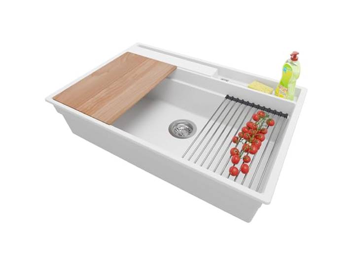 PRIMAGRAN Spülbecken ab 80er Unterschrank + Ablauf-Set, 78x53cm Set: Ablauf-Set (Siphon, Ablaufgarnitur, Überlauf) + Granitspüle 1 Becken - Oslo Pocket, Weiß