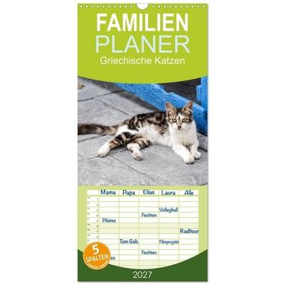 Familienplaner 2027 - Griechische Katzen mit 5 Spalten (Wandkalender, 21 x 45 cm) CALVENDO