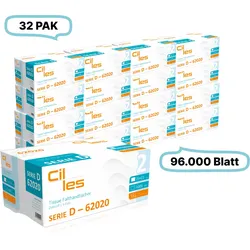 Falthandtücher 25x23cm, 2-lg, 32 Pak, 96.000 Blatt gesamt, 3.000 Blatt/ Pak, 100% Zellstoff, V-Falz, CIL- les Tissue, Series D