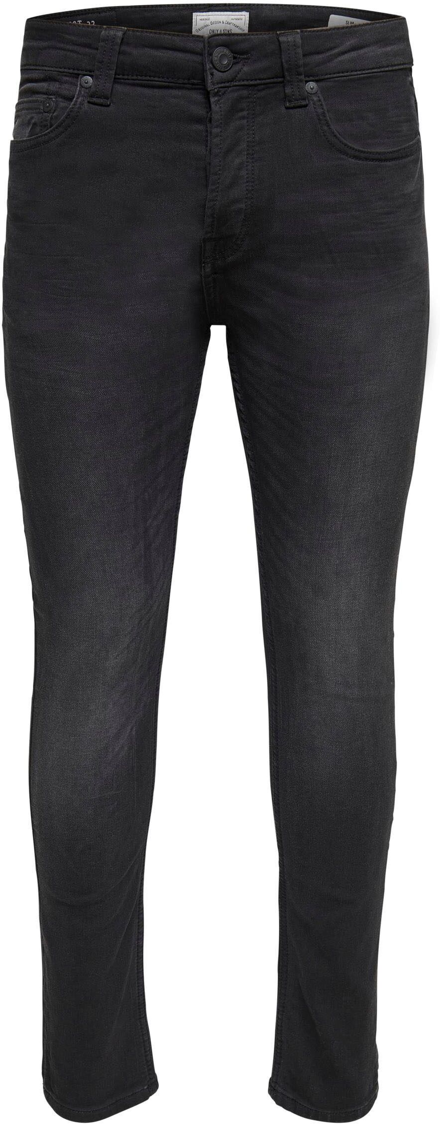 Skinny-fit-Jeans ONLY & SONS "LOOM LIFE JOG", Herren, Gr. 29, Länge 30, schwarz, Denim/Jeans, Obermaterial: 75% Baumwolle, 24% Polyester, 1% Elasthan, Abriebeffekte, sehr schmal lang, Jeans Skinny-fit-Jeans schwarz 29, Länge 30