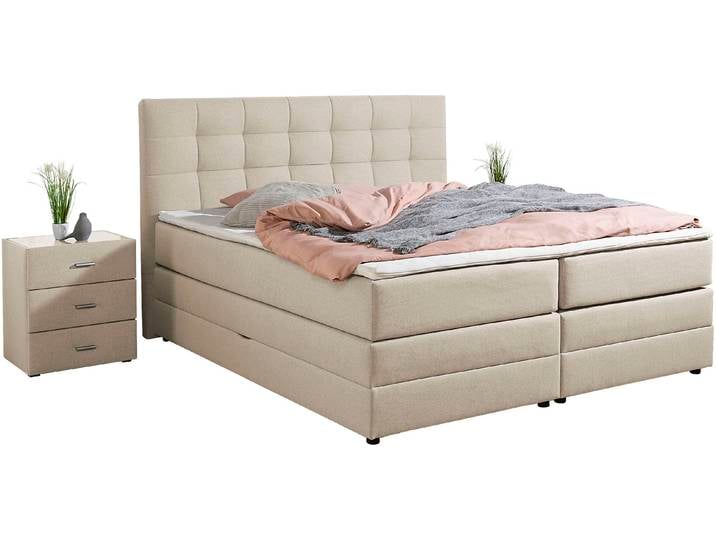 Boxspringbett, Beige, 194x211 cm, Strukturstoff, Bettkasten & Topper, Modern