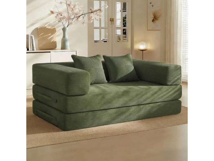 Vipbear Schlafsofa 160cm Breit, Boneless Couch mit Schlaffunktion Cord Sofa 5-in-1 Bodensofa, 2 Sitzer Boneless Schlafcouch, Cloud Modulares Sofa Bed für Wohnzimmer Schlafzimmer Lounge Grün
