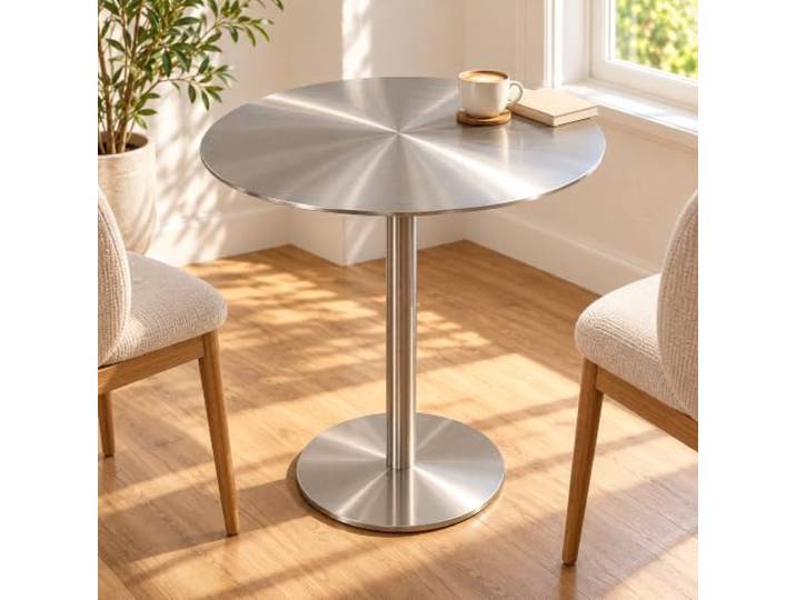 Edelstahl-Bistrotisch mit Mittelfuß, rund oder quadratisch Gebürstete silberne Platte, gerade Säule und flacher runder Fuß(Circle,23.6x23.6x29.5in)