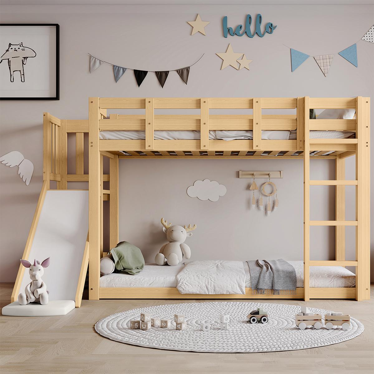 Kinderbett mit Treppe und Zäune, Bettvorhang, Rutsche Etagenbett Jugendbett MDF+Kiefer 90x200cm Natur