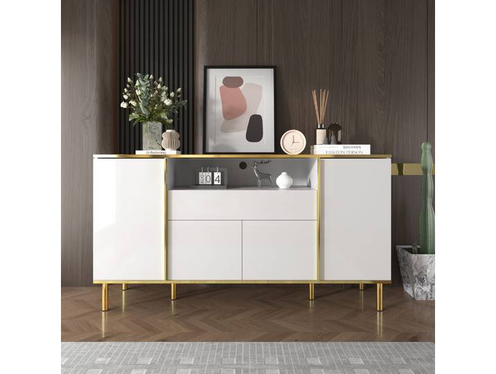 Commode Blanche Laquée Brillante 150x40x80 Cm Tiroir Meuble Rangement Chambre