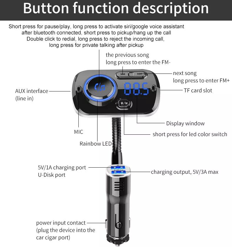 INF Kabelloser FM-Sender für das Auto, LED 7 Farben, QC3.0