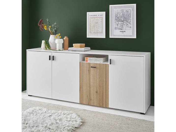 Lomadox Sideboard HUNTER-61, Anrichte Kommode Schrank weiß matt mit Eiche 200x79,6x42 cm