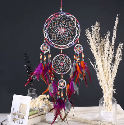 Inspire Picks Handmade Five Ring Dream Catcher Boho Wall Hanging Ornament For Bedroom & Living Room purple Dream