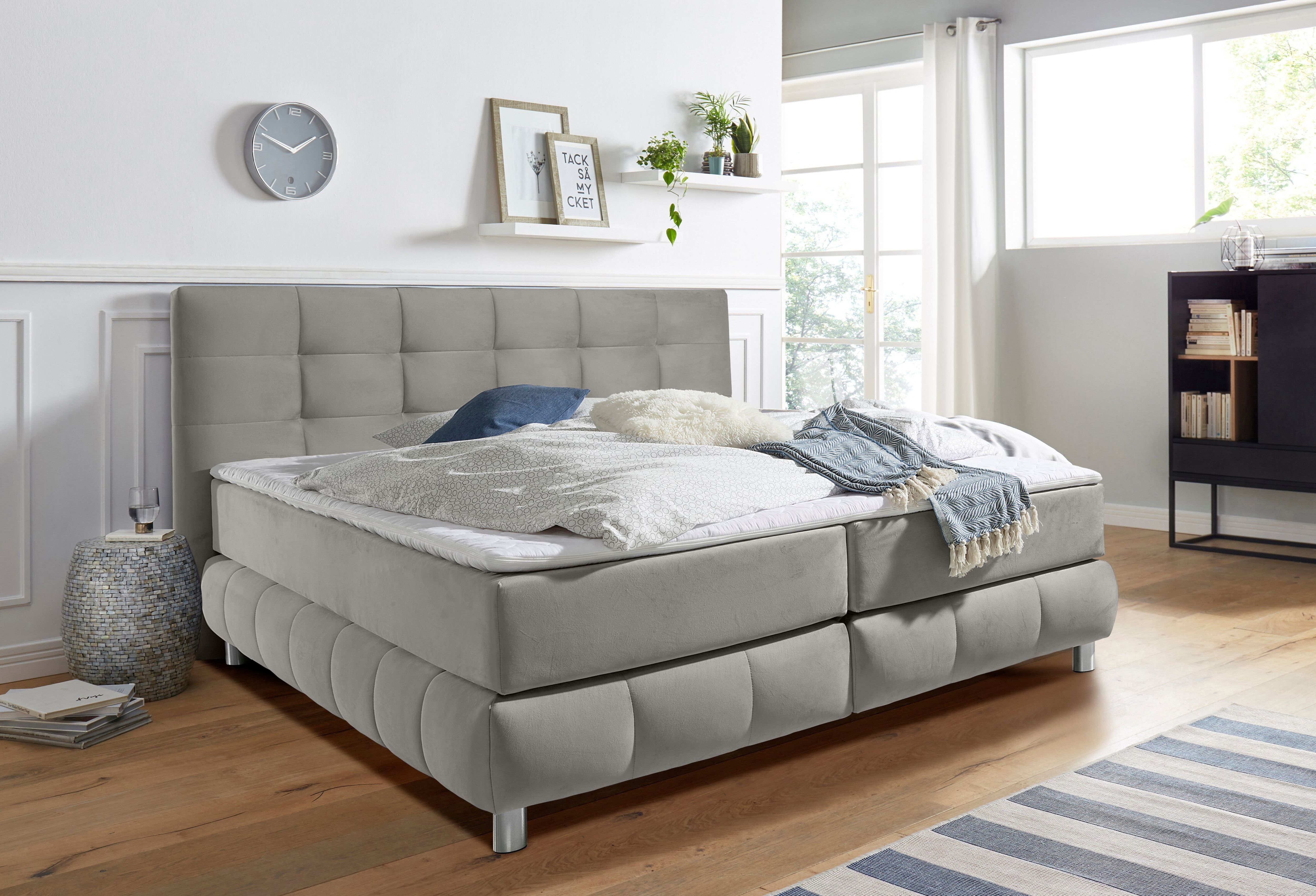 Boxspringbett HOME AFFAIRE "Salo XXL", grau (hellgrau), B:174cm L:231cm, Komplettbetten, Boxspringbett, in Samtoptik oder Struktur, 6 Breiten in Überlänge 220cm, 4 Härtegrade hellgrau Samtoptik, Liegefläche B/L: 160cm x 220cm, Gewicht bis: 100 kg H3, Bonn
