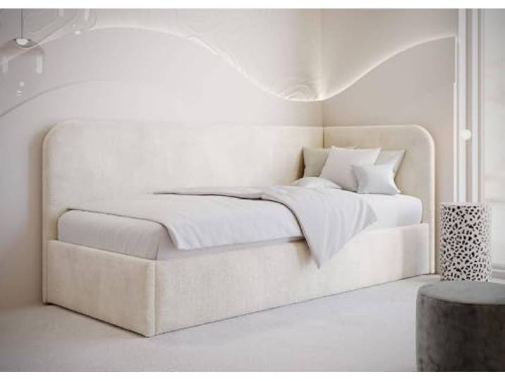 Polsterbett 100x200 cm, Stauraum, Kopfteil, Matratze, Hellbeige, Rechts Jugendbett mit und Gasdruckfedern, Gepolstertes Bett mit Kopfteil, modernes Design, Mario-Kollektion