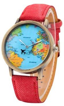 ModernMart World Map Denim Strap Watch Casual Quartz Travel Wristwatch For Men And Women red
