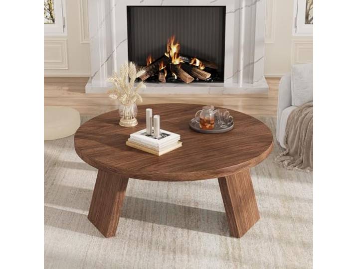 Koioplie Moderner runder Couchtisch 85 cm, walnut embossed Aus Holz, platzsparend mit schrägen Beinen, leicht zu montieren
