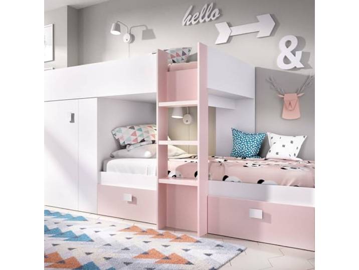 Dmora - Schlafzimmer Cevedale, Komplettes Schlafzimmer, Etagenbettkomposition mit Zwei Einzelbetten, 271 x 111 x 150 cm, Weiß und Rosa