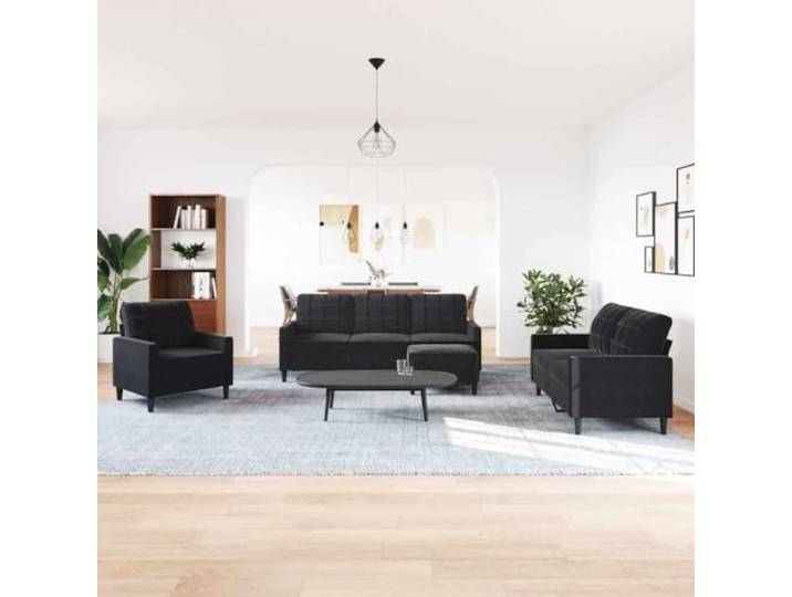 KTHLBRH 4-teiliges Sofaset aus schwarzem Samt mit Fußstütze Gestell aus Metall, Füllung aus Schaumstoff, 1 Sofa, 1 2-Sitzer-Sofa, 1 3-Sitzer-Sofa