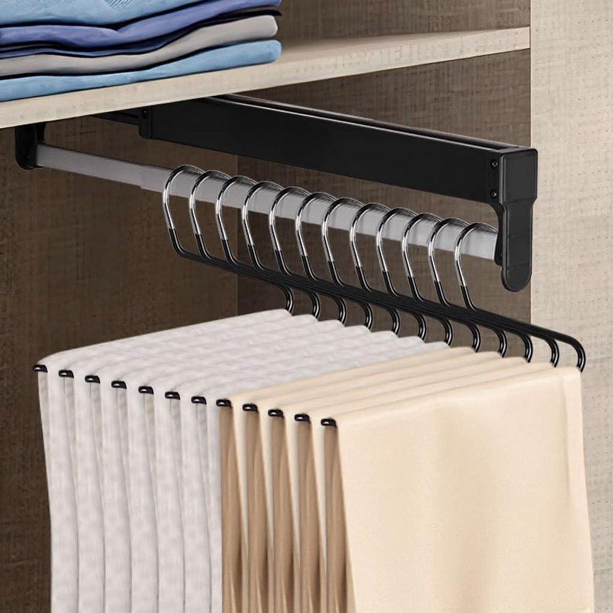 Zelfnivellerende uitschuifbare broekhanger voor kledingkast, zwart, 30-60 cm
