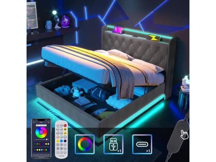 Lit coffre double 160 x 200 cm avec LED 360 surround - OEM - Gris - Bois - A lattes