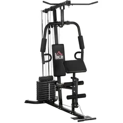 HOMCOM Kraftstation Fitnessstation mit Latzug- und Butterflystange Multi-Gym-Krafstation mit 45 kg Gewichte Multistation Set Krafttraining Stahl Kunstleder Schwarz 180 x 108 x 200cm