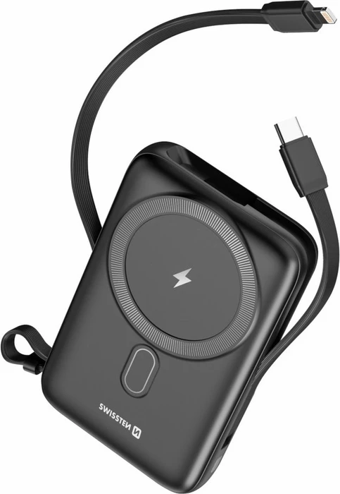 Swissten Power Bank 10000 mAh PD 20W mit integriertem USB-C und Lightning Kabel, MagSafe