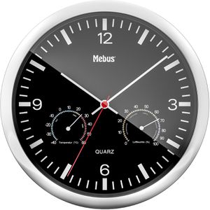 Mebus Wanduhr 56731, Kunststoff, analog, Quarzuhr, Ø 25 cm, silber, mit Thermometer & Hygrometer