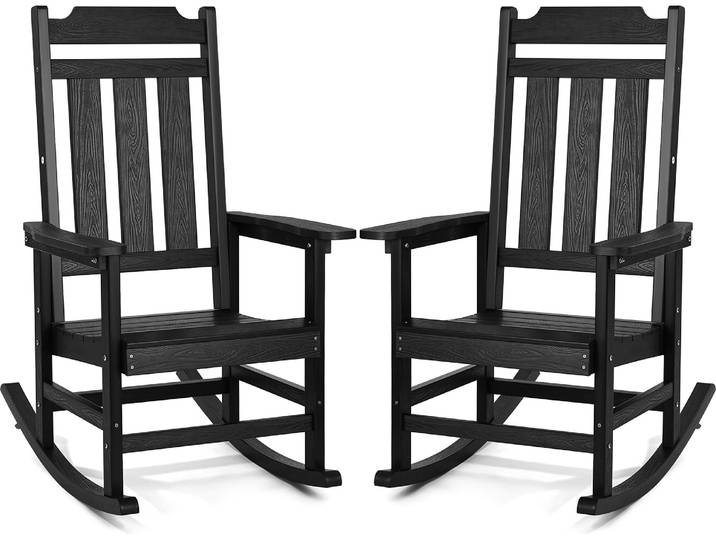 VEVOR 2 pièces chaise à bascule de véranda\, chaise à bascule HIPS chaise à bascule de terrasse avec dossier haut et accoudoirs lisses\, supporte jusqu'à 180 kg\, pour jardin\, balcon\, véranda\, noir