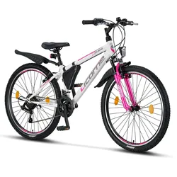 Licorne Bike Guide Premium Mountainbike in 20, 24 und 26 Zoll - Fahrrad für Mädchen, Jungen, Herren und Damen - Shimano 21 Gang-Schaltung, Kinderfahrrad, Kinder Farbe:Weiß/Rosa;Zoll:26