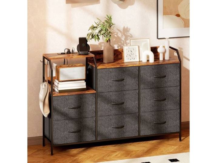 VUENOR Commode 8 tiroirs 130 5x30x88 cm marron rustique - station de charge integree