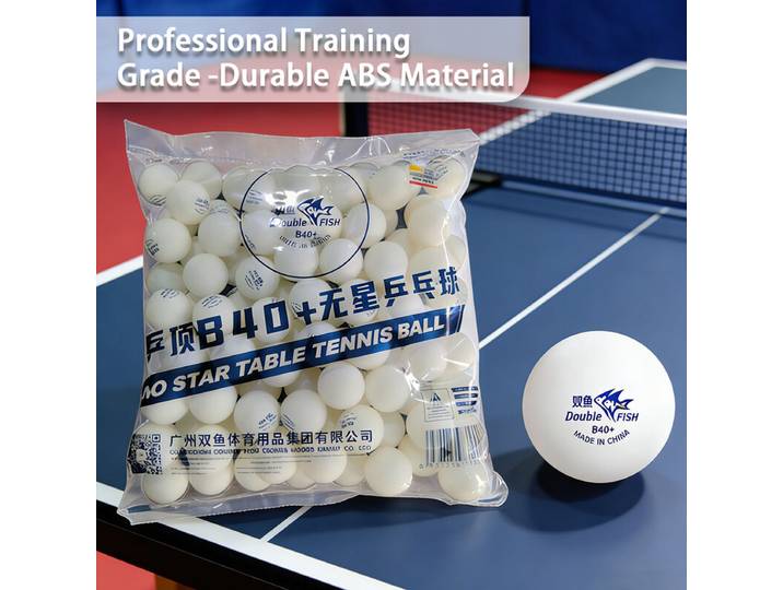 Double Fish B40+ Balles de ping-pong ABS sans étoile, avec coutures, sachet de 100, blanc