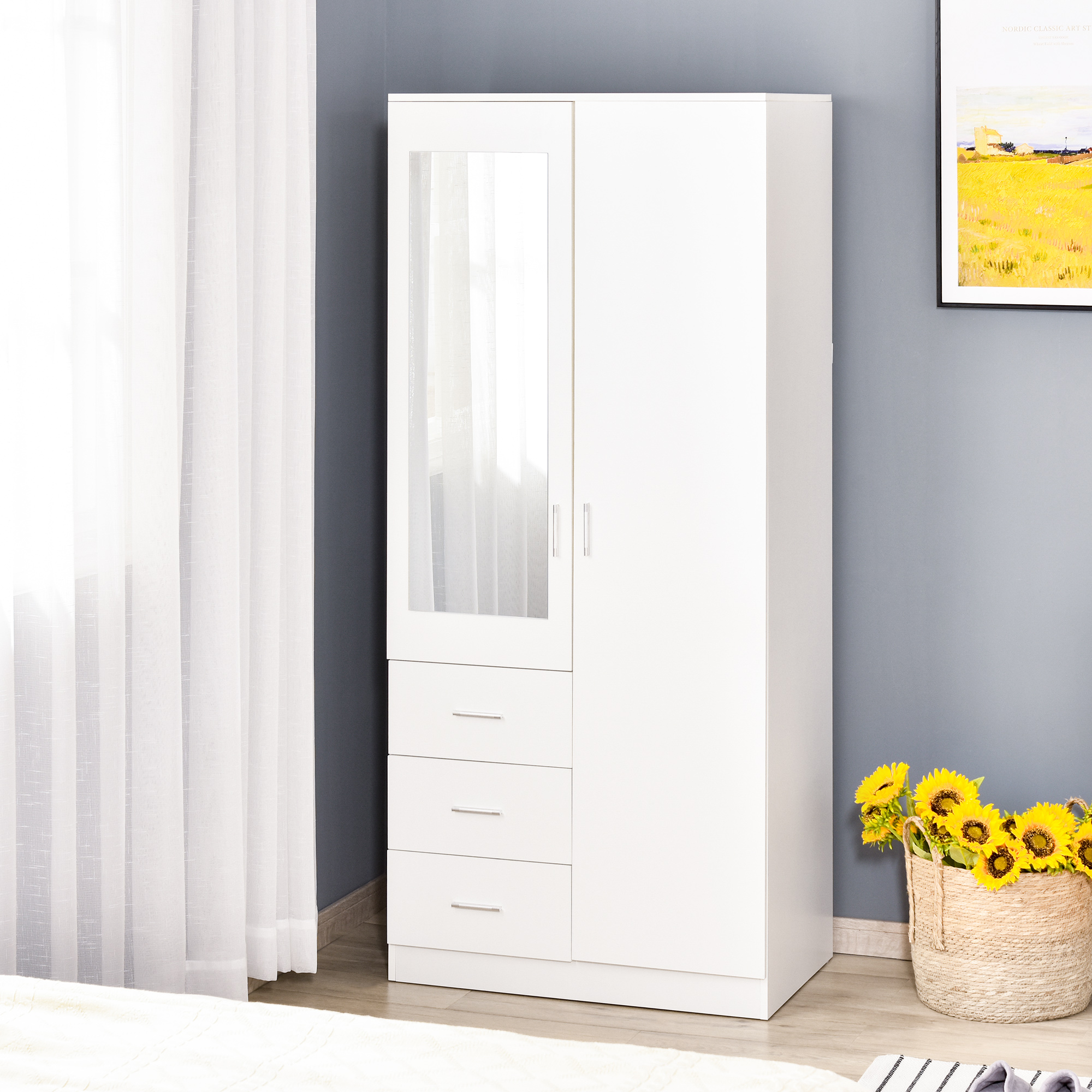 Homcom Armadio Moderno Guardaroba 2 Ante con Specchio e 3 Cassetti, Mensole Regolabili e Barra Appendiabiti, 80x50x180cm, Bianco Aosom