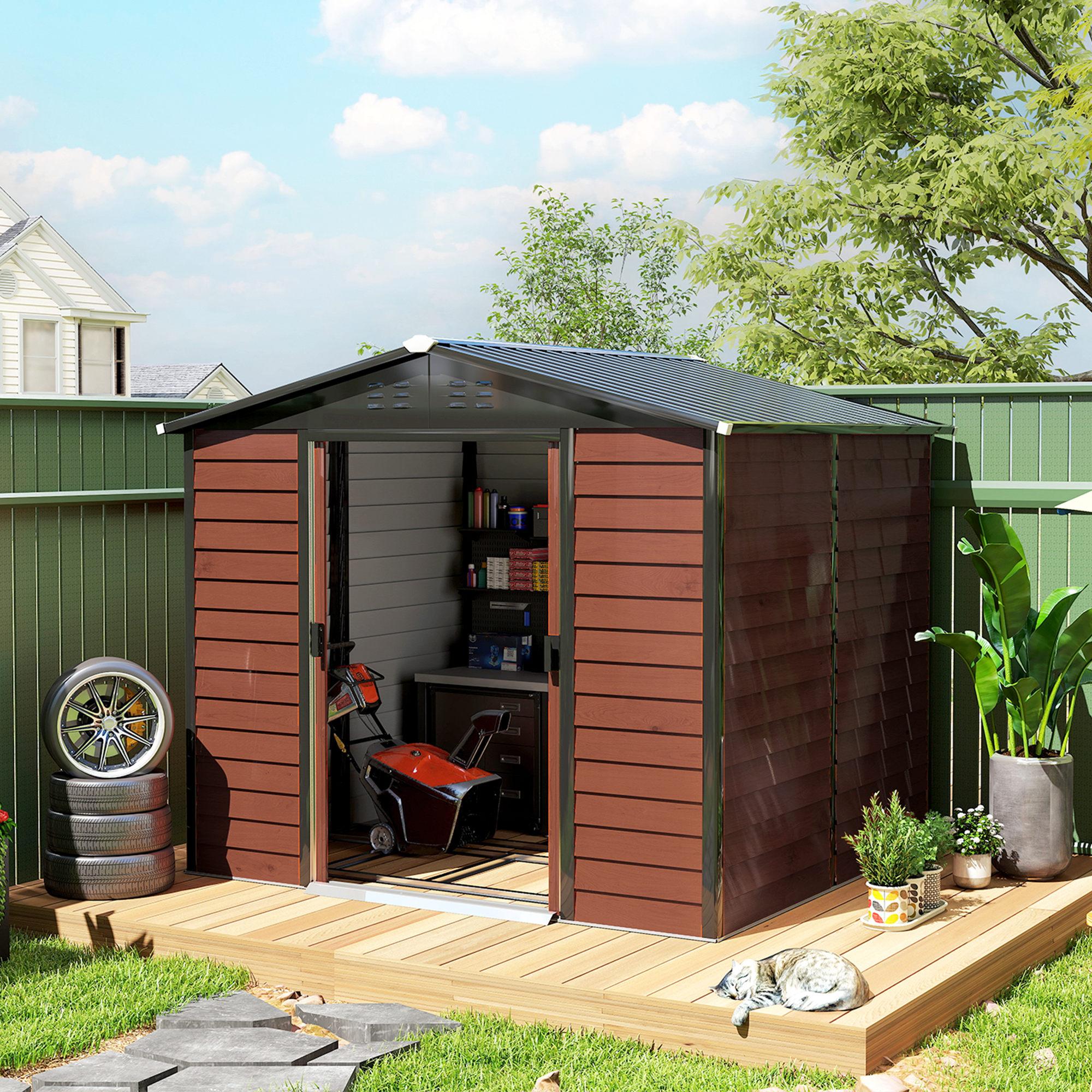 Gerätehaus Metall Doppelschiebetür horizontal, Geräteschuppen verzinkter Stahl, Gartenhaus Teak | 240 x 206 x 198 cm | 25% schneller Aufbau