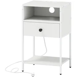 COSTWAY Nachttisch mit Ladestation, offenem Fach, Schublade, Ablage, Metallrahmen, industriell, weiß+schwarz.