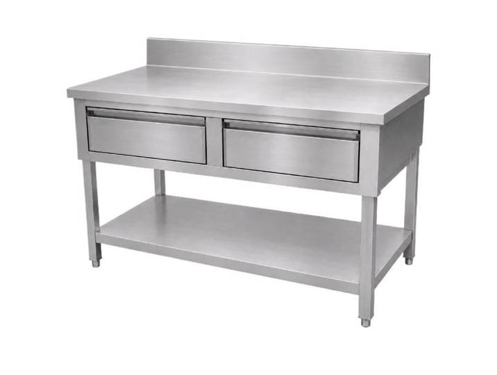 Table inox adossée - PESAGE MB - 1000x700 mm - 2 tiroirs - Dosseret 100 mm - Étagère basse
