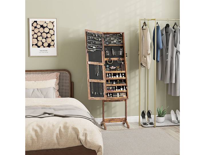 HOMCOM Armoire à Bijoux LED avec Miroir sur Pied Marron