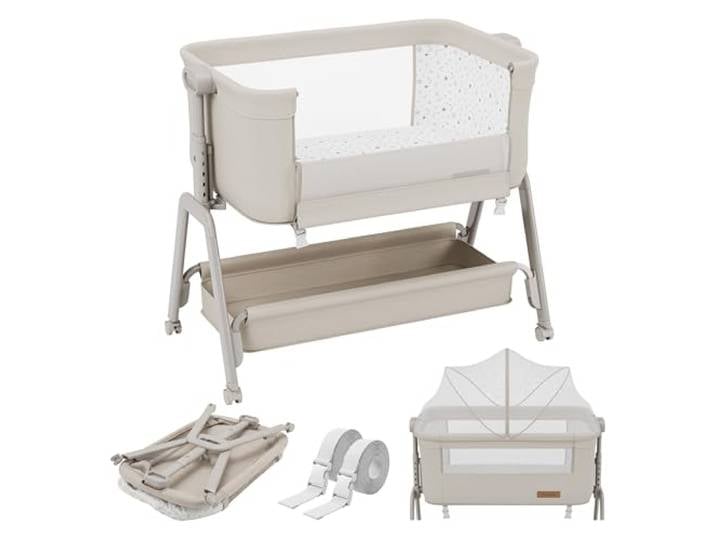 TULANO Dream 50 Beistellbett Baby mit Rollen - 3in1 Stubenwagen - Reisebett Matratze - 5-fach höhenverstellbar - Neigbare Liegefläche - Moskitonetz - Aufbewahrungskorb - bis 9 kg - Beige