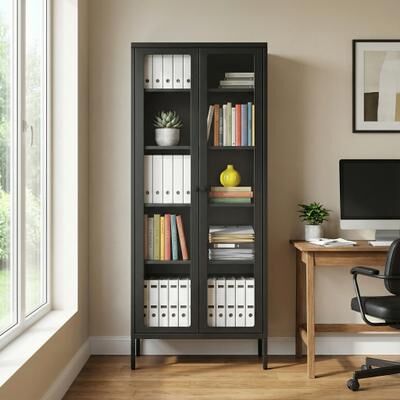 SUNCROWN "67"" Display Curio Glass Metal Storage Cabinet Bookshelves with Glass Doors and 4 Adjustable Shelves"