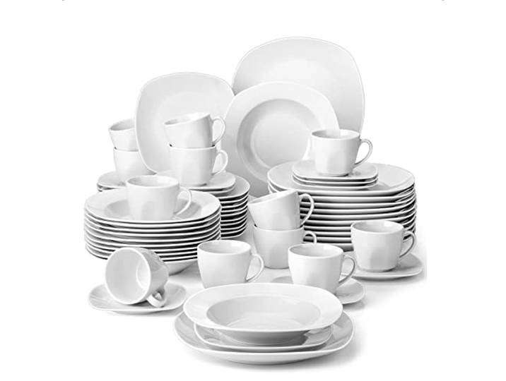 MALACASA Elisa Geschirrset 12 Personen, 60-tlg. Porzellan mit Kaffeetassen 24,8 cm Speiseteller, 19 cm Dessertteller, 21,3 cm Suppenteller, stapelbar, platzsparend, spülmaschinenfest, Familienessen