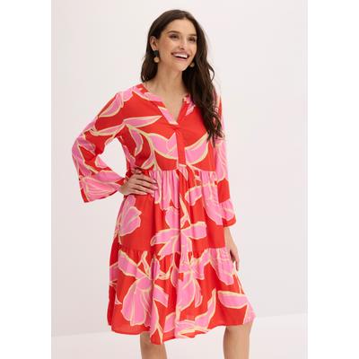Tunikakleid BONPRIX, Damen, Gr. 36, N-Gr, signalrot, flamingopink floral, Web, Obermaterial: 100% Viskose, figurumspielend kniefrei, Kleider, figurumspielende Passform, mit trendigem Muster, Sommerkleid
