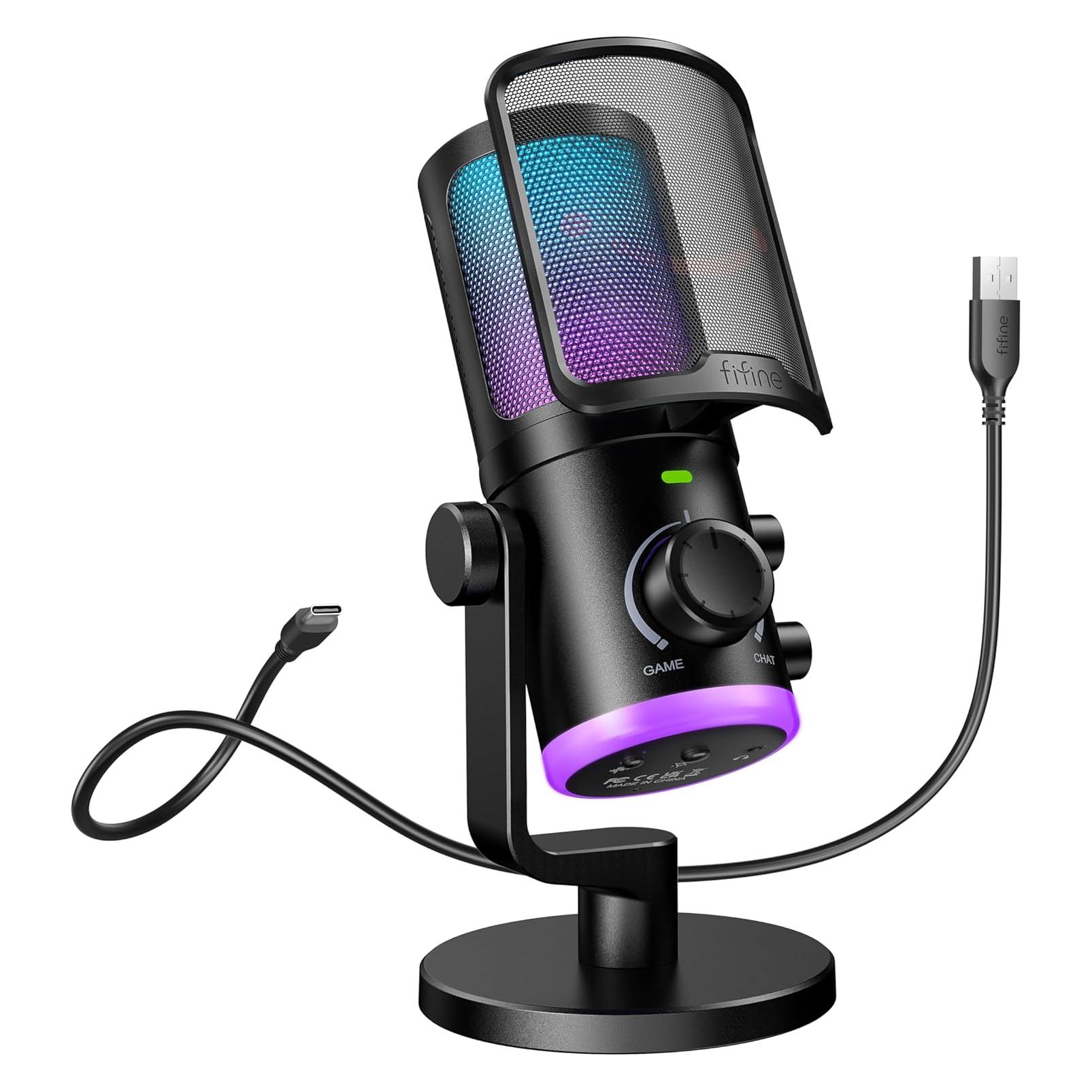 Fifine AM6 Gaming condenser microphone with chat and gaming volume, RGB light ring, noise cancelling (55629330)