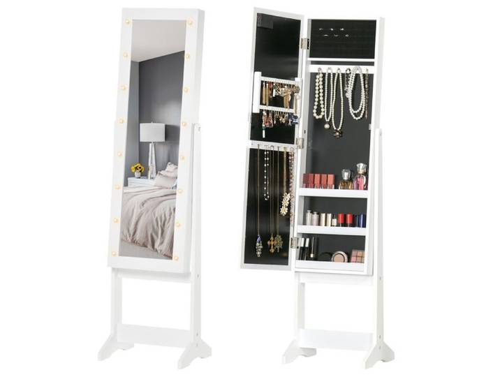 VVBV ARMOIRE A BIJOUX sur Pied avec Miroir LED Range Bijoux Inclinable Blanc