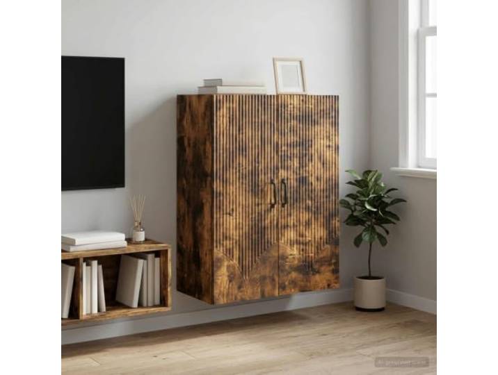 HPUYRFG Wandschrank Aus Holzwerkstoff in Räuchereiche 66 x 34,5 x 90 cm Moderner Wandschrank, Holzwerkstoff, Räuchereiche, Pendeltüren, Metallgriffe, viel Stauraum