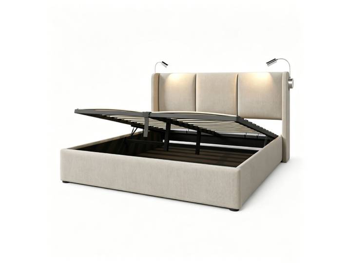 Lit tapissier double en lin beige 180x200cm