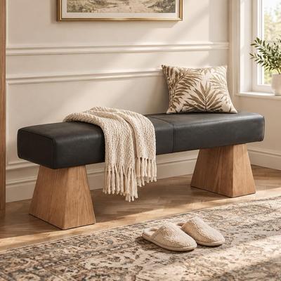 YUZHOU 55-Inch Upholstered Entryway Bench, Modern Padded Bench with Wood Legs