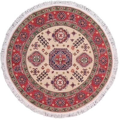 Treasured Knots Southwestern Kazak Jakobe Natural/Red Wool Round - 4'9'' x 4'11''